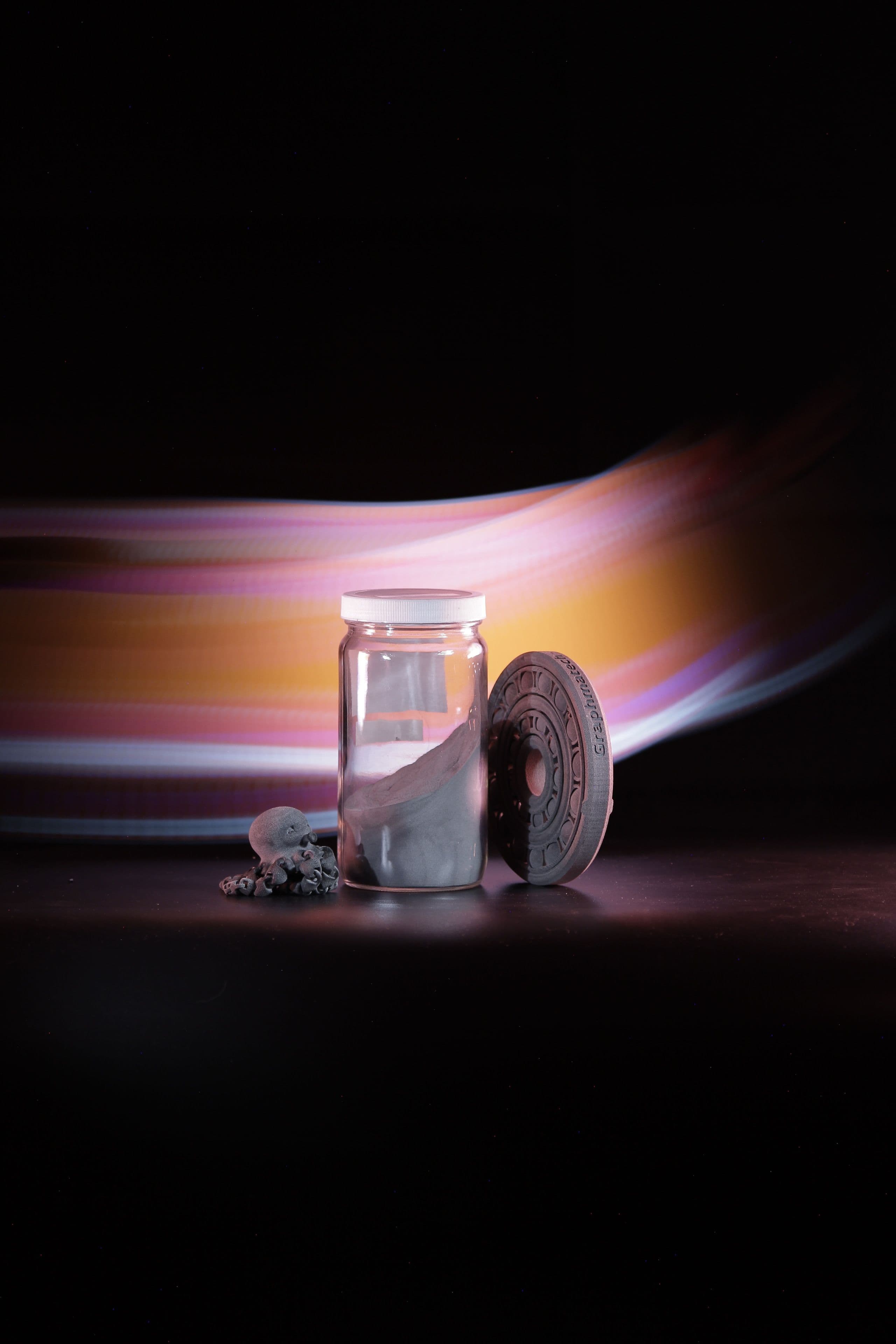 AROS PA11 and PA12 ESD SLS powder with printed selective laser sintering components for industrial additive manufacturing. Photo by Johan Inghammar Magnusson.